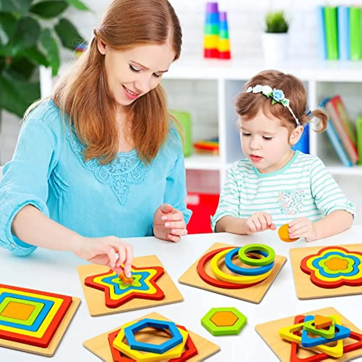Montessori Wooden Shape Sorting Puzzle - Sensory STEM Toy for Toddlers & Preschoolers