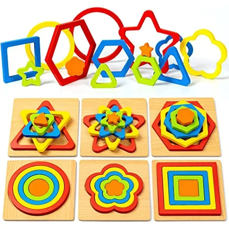 Montessori Wooden Shape Sorting Puzzle - Sensory STEM Toy for Toddlers & Preschoolers