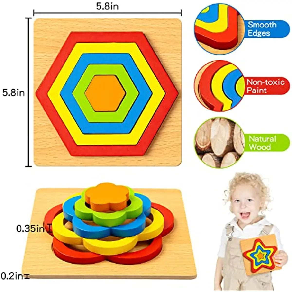 Montessori Wooden Shape Sorting Puzzle - Sensory STEM Toy for Toddlers & Preschoolers