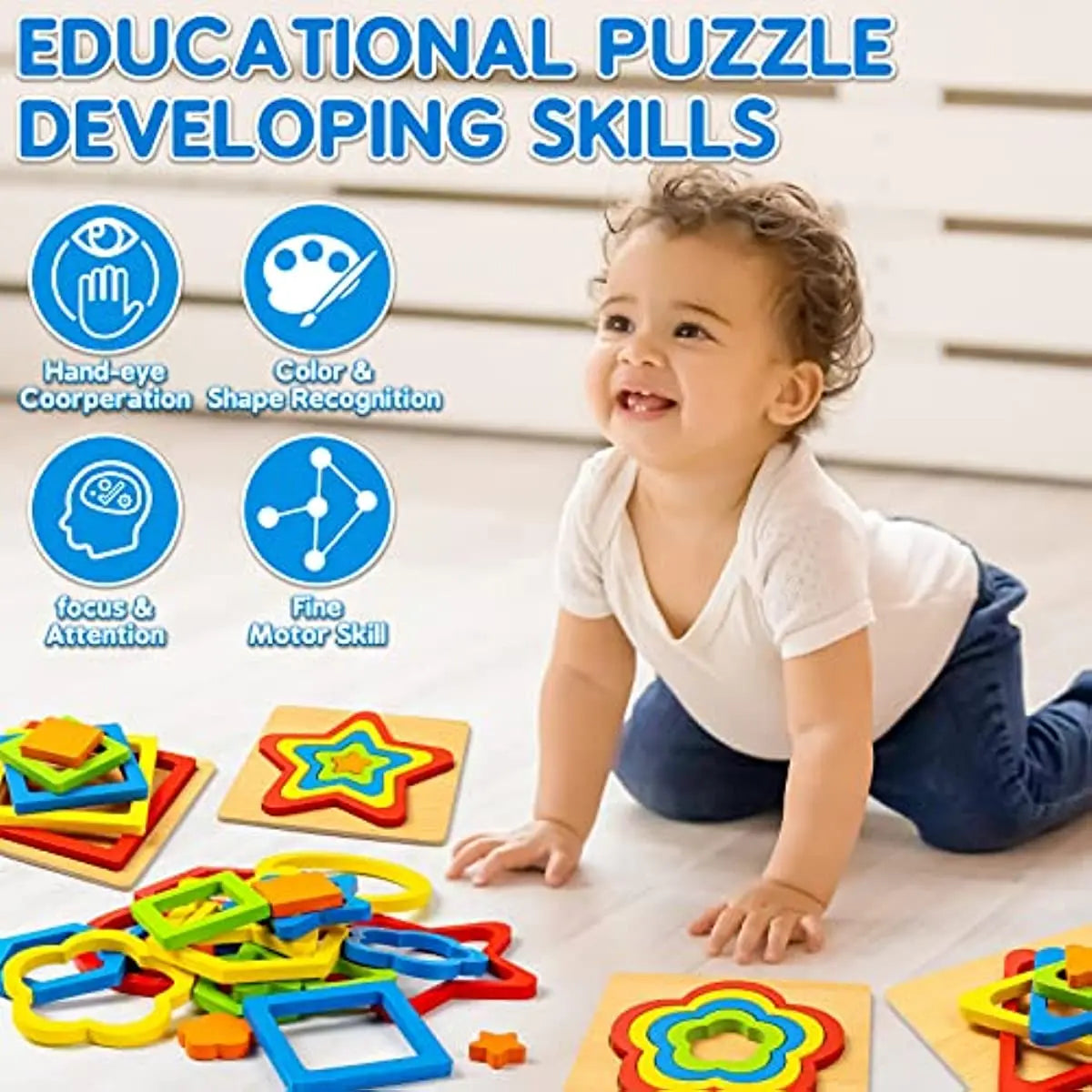 Montessori Wooden Shape Sorting Puzzle - Sensory STEM Toy for Toddlers & Preschoolers
