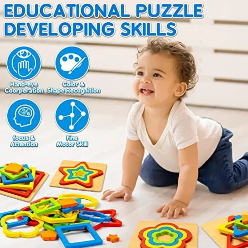 Montessori Wooden Shape Sorting Puzzle - Sensory STEM Toy for Toddlers & Preschoolers