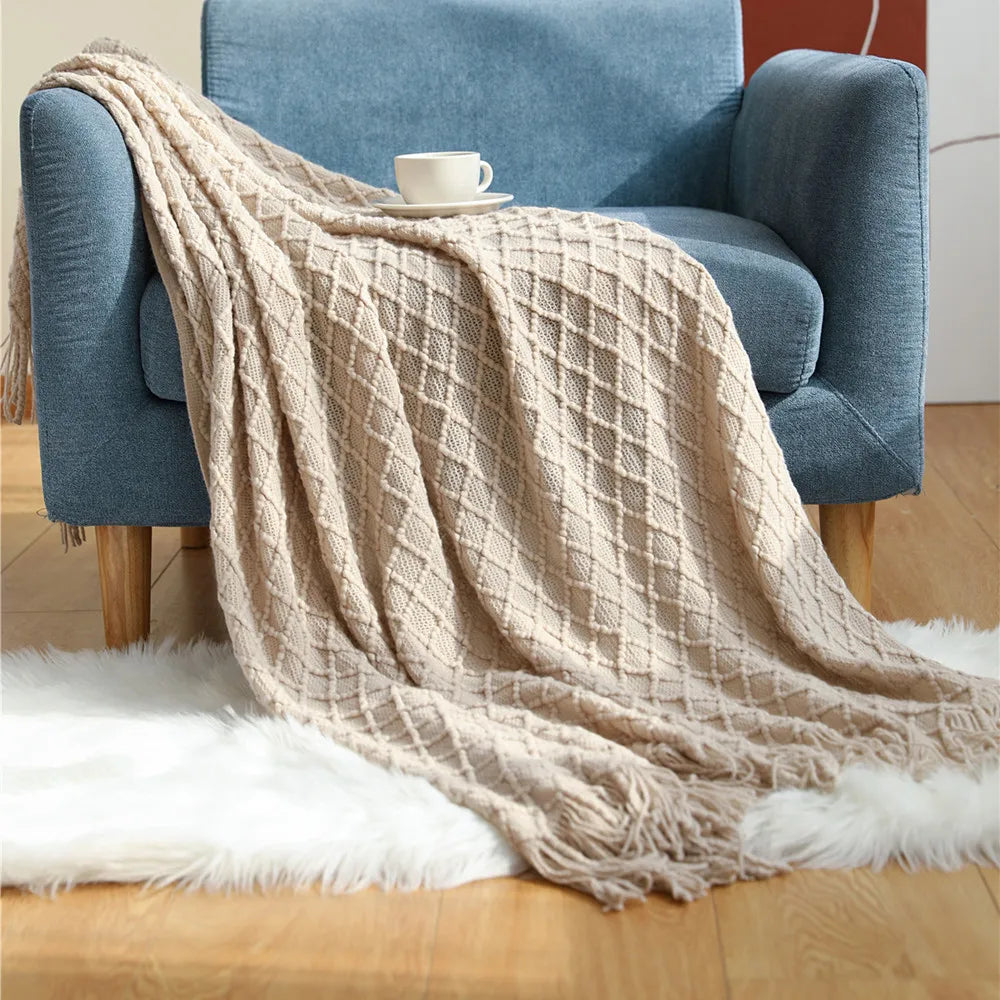 Golden Nordic Faux Cashmere Knit Throw with Tassels - Perfect for Spring & Summer