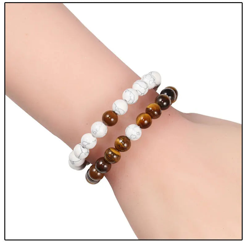 Couples' Lava Stone & Tiger Eye Beaded Bracelets - Yoga-Inspired Elastic Jewelry for Men & Women