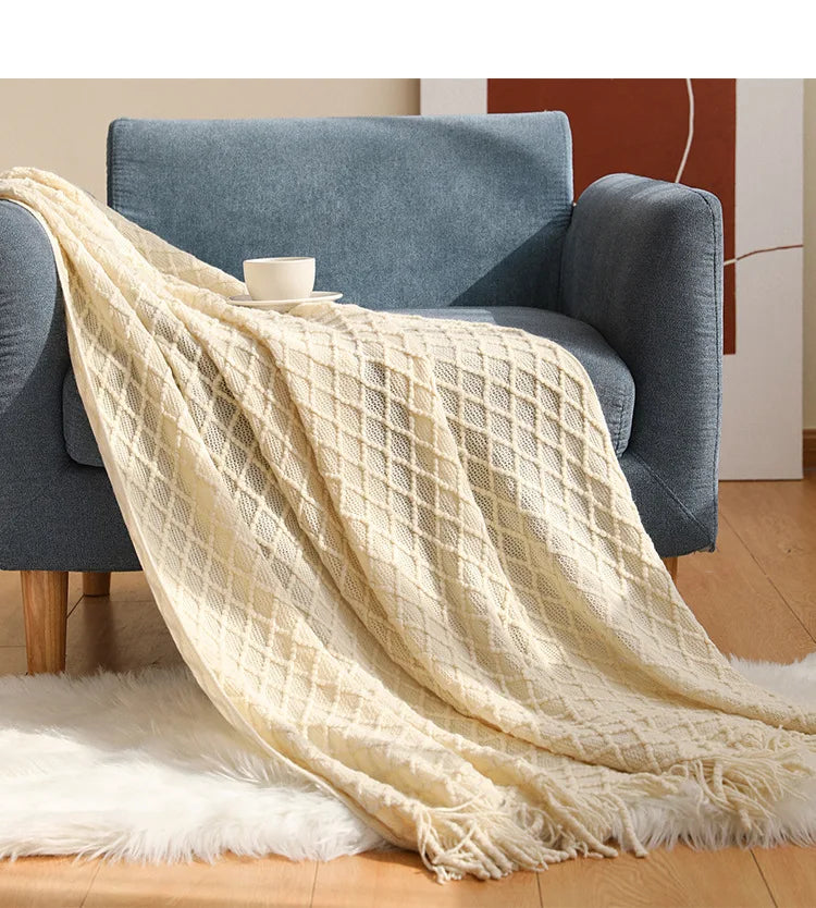 Golden Nordic Faux Cashmere Knit Throw with Tassels - Perfect for Spring & Summer