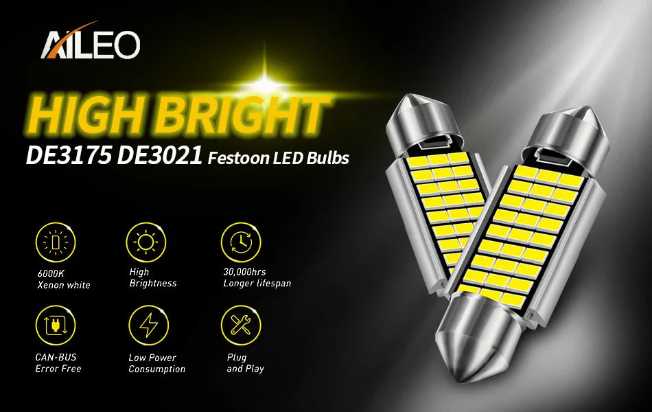 AILEO Error-Free LED Car Interior Lights - 2PCS C5W CANBUS 31mm-42mm, 6000K White, 12V Reading Lamp