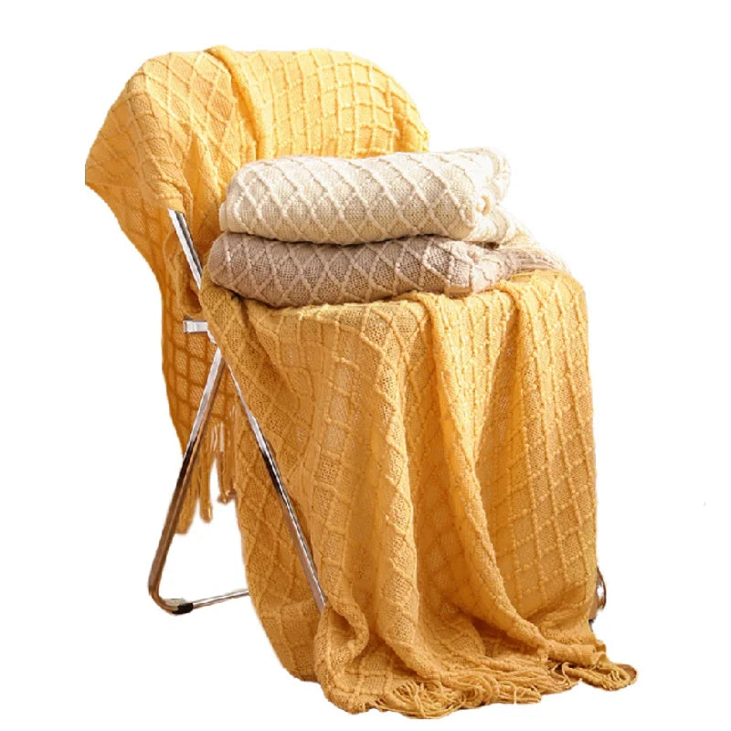 Golden Nordic Faux Cashmere Knit Throw with Tassels - Perfect for Spring & Summer