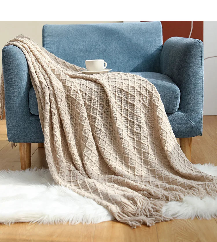 Golden Nordic Faux Cashmere Knit Throw with Tassels - Perfect for Spring & Summer