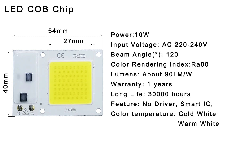 High-Power LED COB Lamp - 10W/20W/30W/50W, IP65, Smart IC, No Driver Needed, DIY Outdoor Floodlight & Spotlight