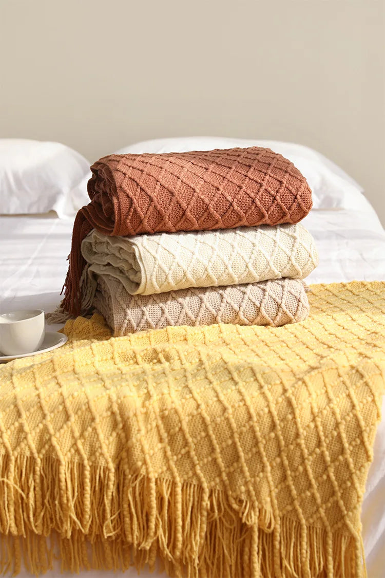 Golden Nordic Faux Cashmere Knit Throw with Tassels - Perfect for Spring & Summer