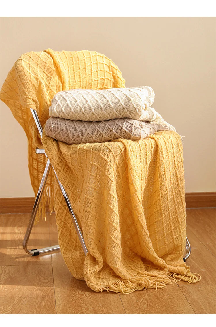 Golden Nordic Faux Cashmere Knit Throw with Tassels - Perfect for Spring & Summer