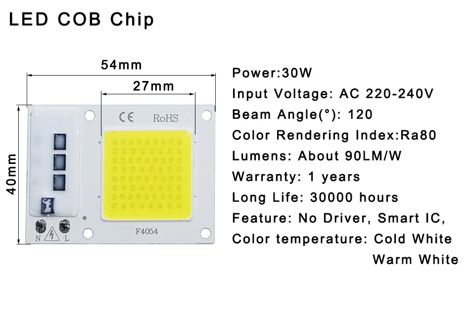 High-Power LED COB Lamp - 10W/20W/30W/50W, IP65, Smart IC, No Driver Needed, DIY Outdoor Floodlight & Spotlight