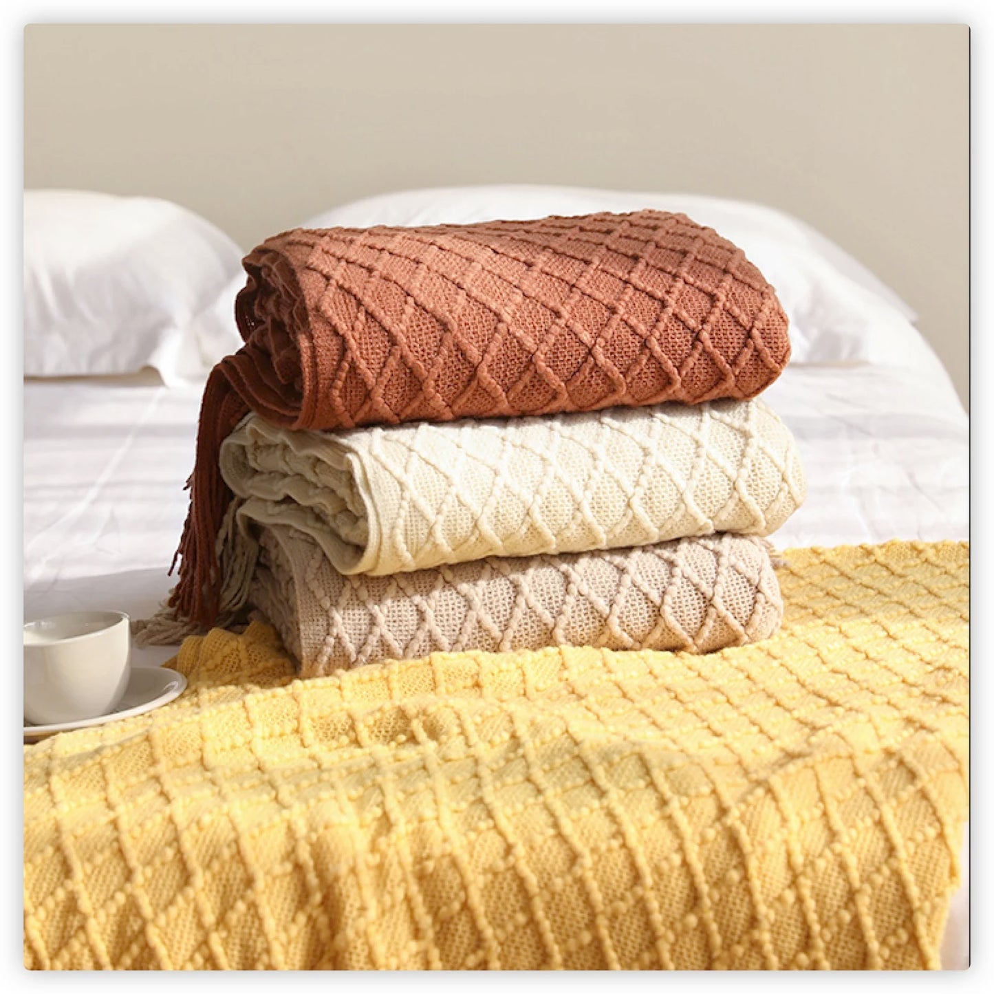 Golden Nordic Faux Cashmere Knit Throw with Tassels - Perfect for Spring & Summer