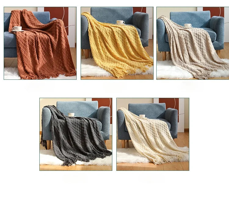 Golden Nordic Faux Cashmere Knit Throw with Tassels - Perfect for Spring & Summer