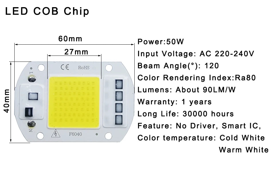 High-Power LED COB Lamp - 10W/20W/30W/50W, IP65, Smart IC, No Driver Needed, DIY Outdoor Floodlight & Spotlight