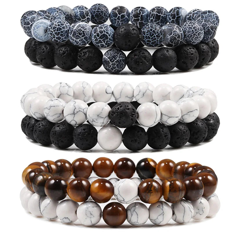 Couples' Lava Stone & Tiger Eye Beaded Bracelets - Yoga-Inspired Elastic Jewelry for Men & Women