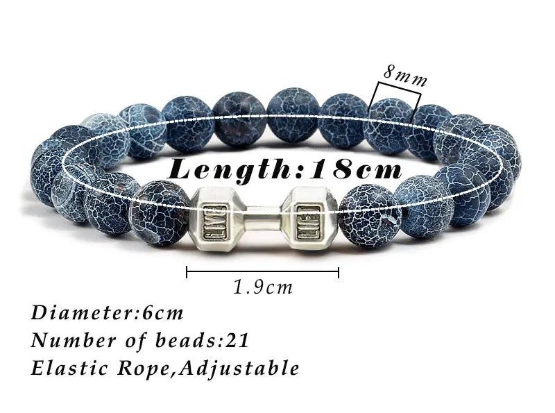 Volcanic Stone Fitness Bracelet - Matte Black & White Beads with Dumbbell Charm