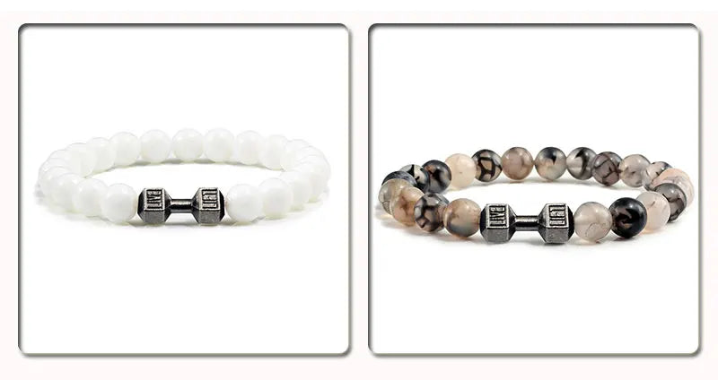 Volcanic Stone Fitness Bracelet - Matte Black & White Beads with Dumbbell Charm