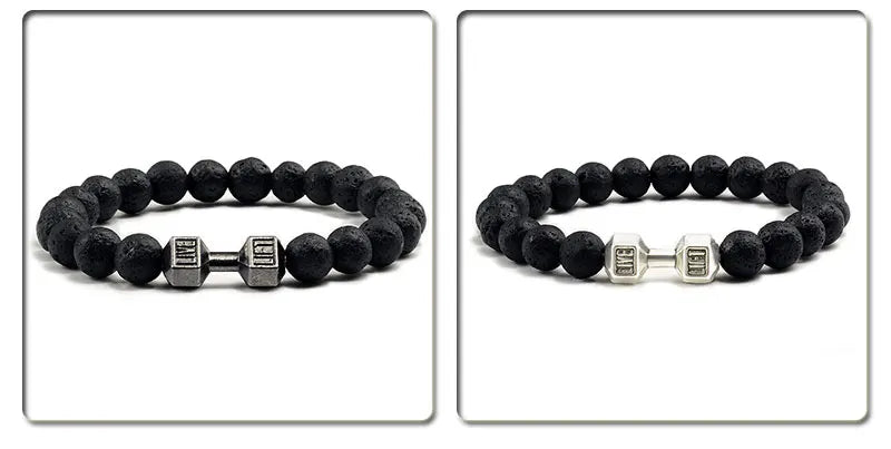 Volcanic Stone Fitness Bracelet - Matte Black & White Beads with Dumbbell Charm