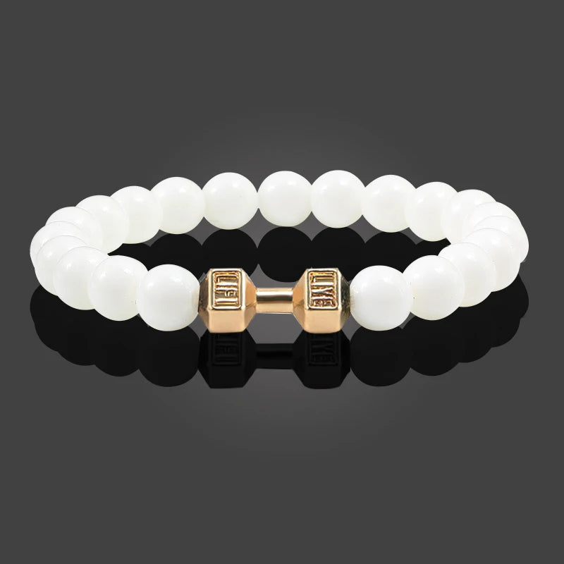 Volcanic Stone Fitness Bracelet - Matte Black & White Beads with Dumbbell Charm