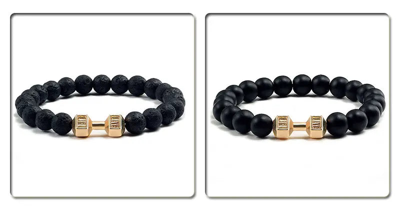 Volcanic Stone Fitness Bracelet - Matte Black & White Beads with Dumbbell Charm