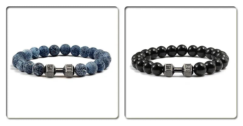 Volcanic Stone Fitness Bracelet - Matte Black & White Beads with Dumbbell Charm