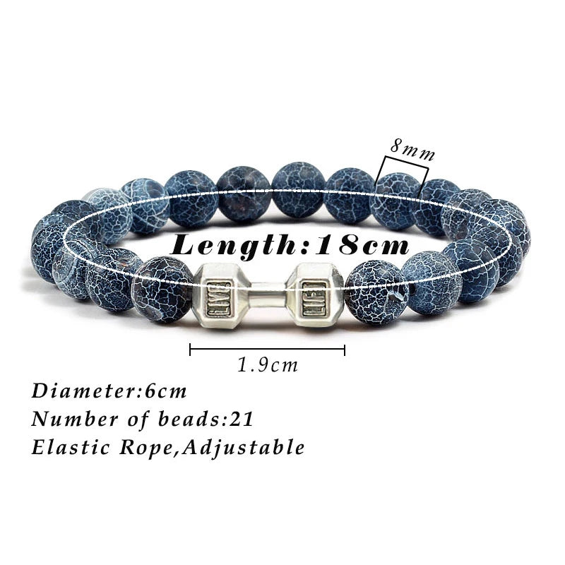 Volcanic Stone Fitness Bracelet - Matte Black & White Beads with Dumbbell Charm