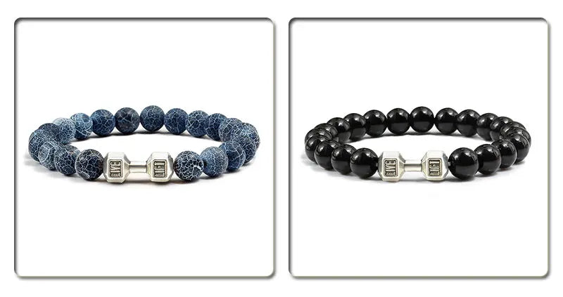 Volcanic Stone Fitness Bracelet - Matte Black & White Beads with Dumbbell Charm