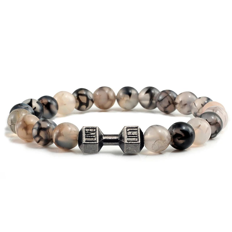 Volcanic Stone Fitness Bracelet - Matte Black & White Beads with Dumbbell Charm