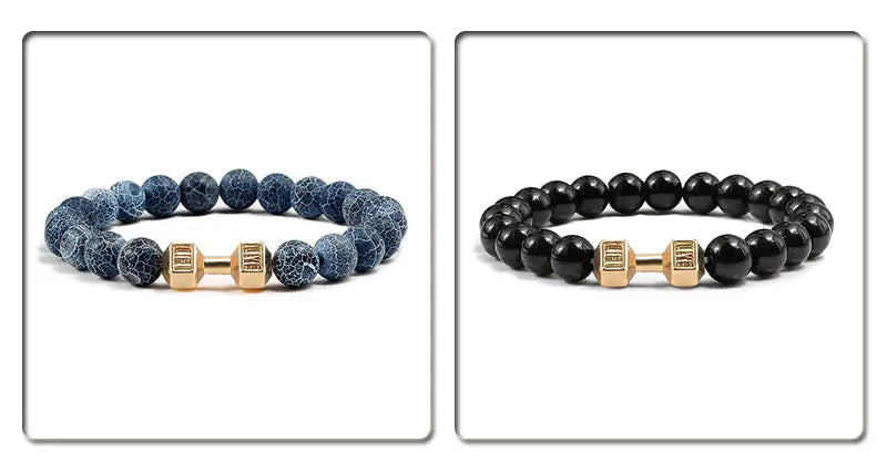 Volcanic Stone Fitness Bracelet - Matte Black & White Beads with Dumbbell Charm