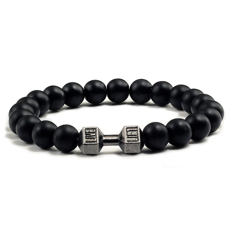 Volcanic Stone Fitness Bracelet - Matte Black & White Beads with Dumbbell Charm