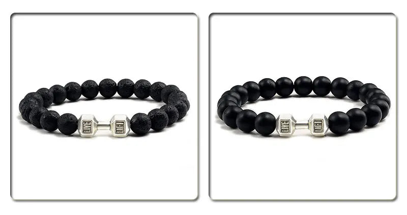 Volcanic Stone Fitness Bracelet - Matte Black & White Beads with Dumbbell Charm