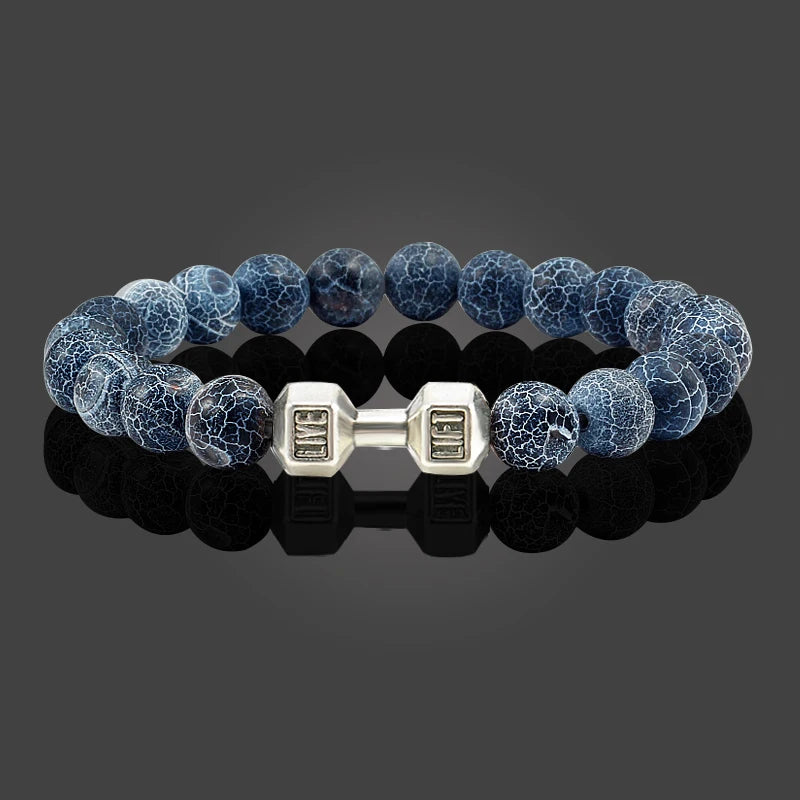 Volcanic Stone Fitness Bracelet - Matte Black & White Beads with Dumbbell Charm