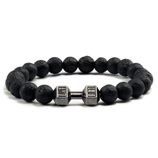 Volcanic Stone Fitness Bracelet - Matte Black & White Beads with Dumbbell Charm