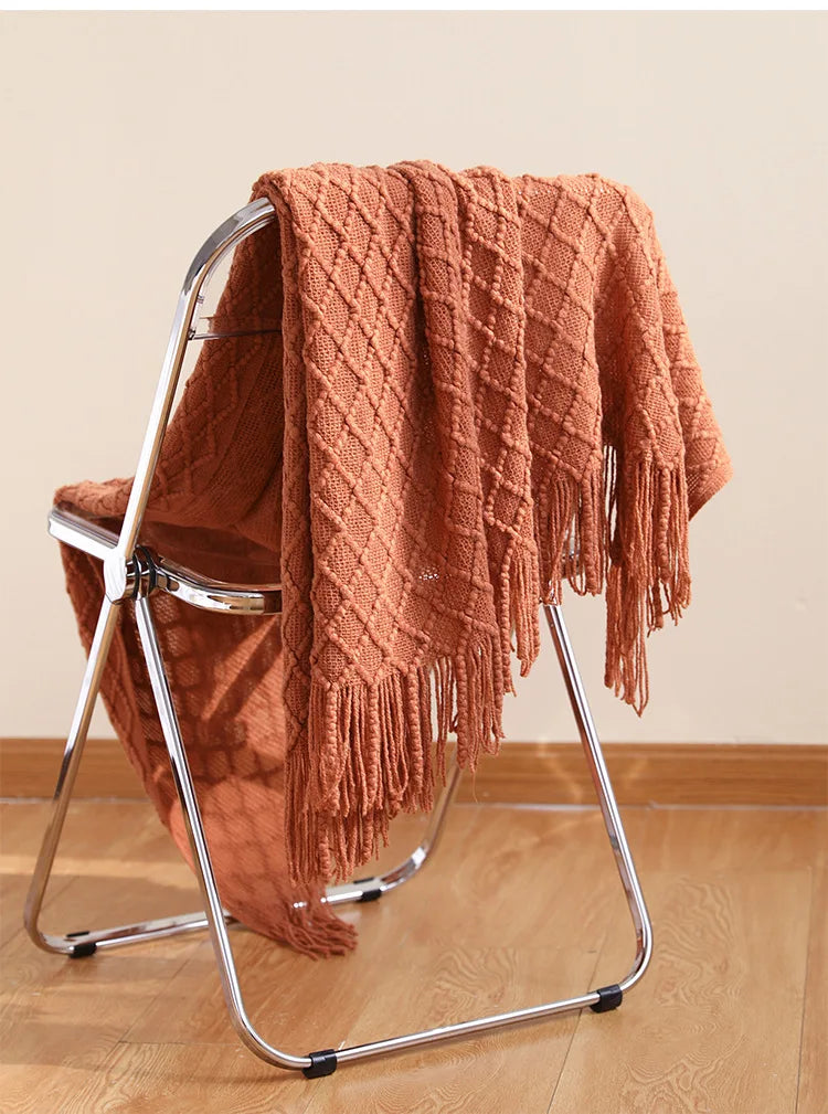 Golden Nordic Faux Cashmere Knit Throw with Tassels - Perfect for Spring & Summer