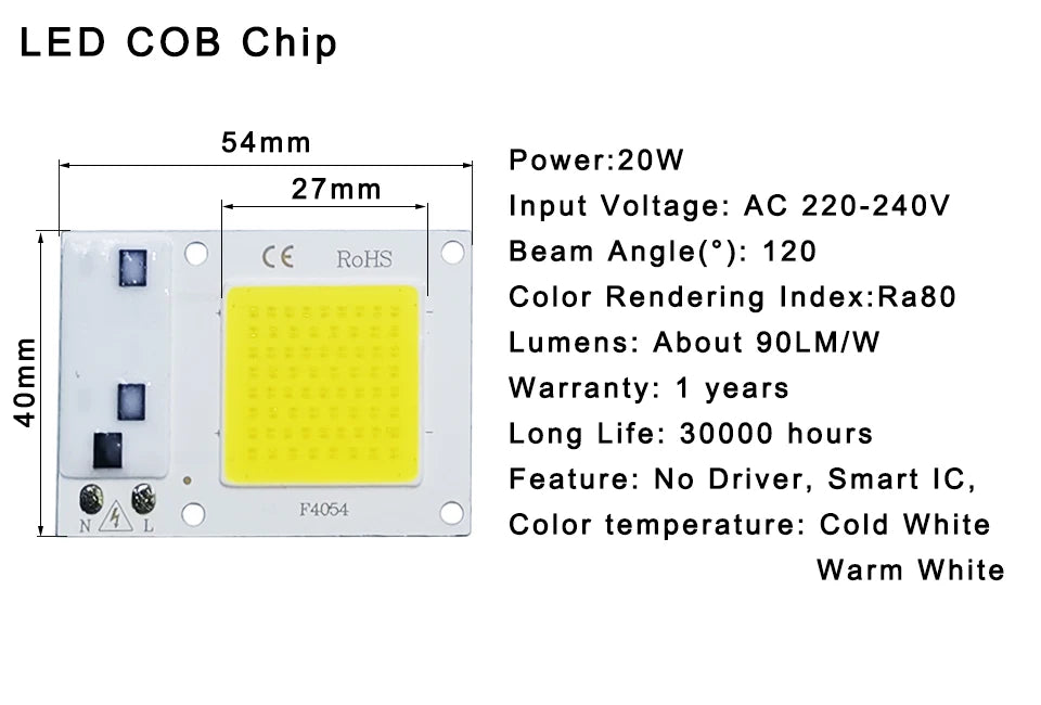 High-Power LED COB Lamp - 10W/20W/30W/50W, IP65, Smart IC, No Driver Needed, DIY Outdoor Floodlight & Spotlight