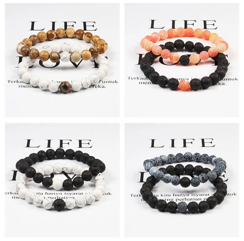 Couples' Lava Stone & Tiger Eye Beaded Bracelets - Yoga-Inspired Elastic Jewelry for Men & Women