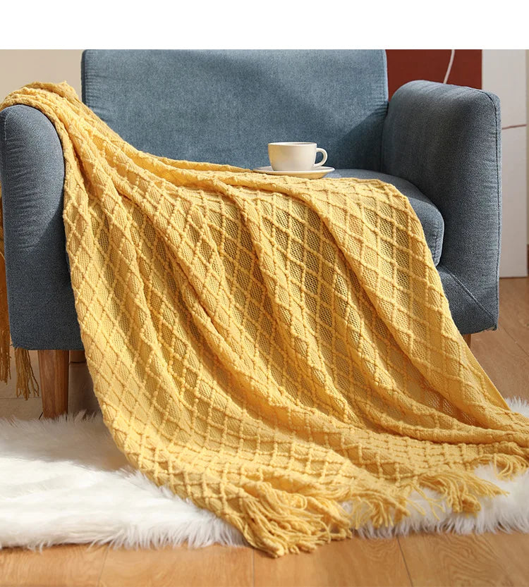 Golden Nordic Faux Cashmere Knit Throw with Tassels - Perfect for Spring & Summer