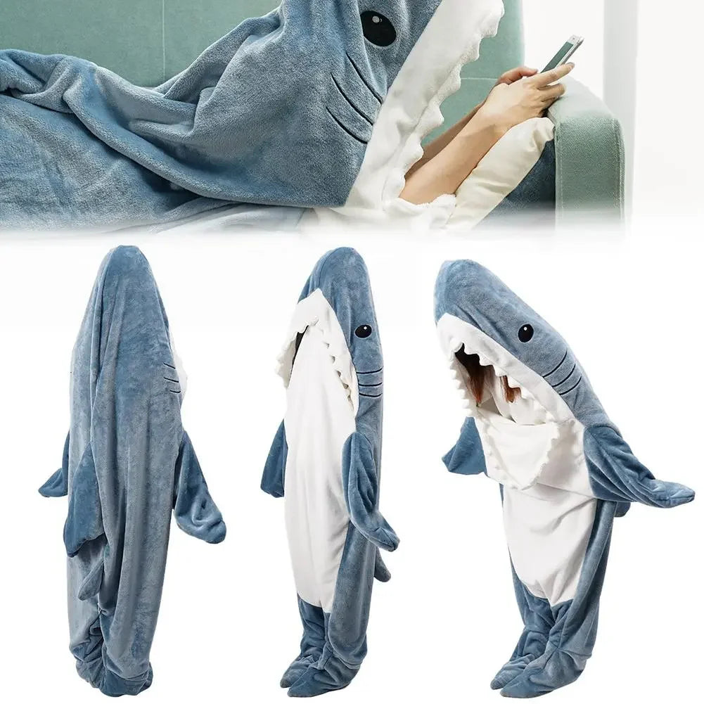 Cozy Cartoon Shark Hoodie Blanket - Fun Flannel Onesie for Kids & Adults