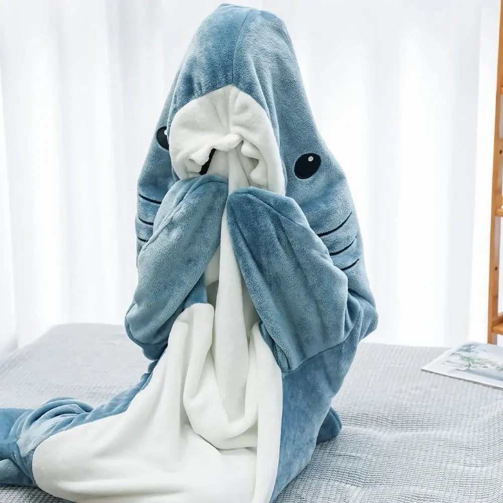 Cozy Cartoon Shark Hoodie Blanket - Fun Flannel Onesie for Kids & Adults