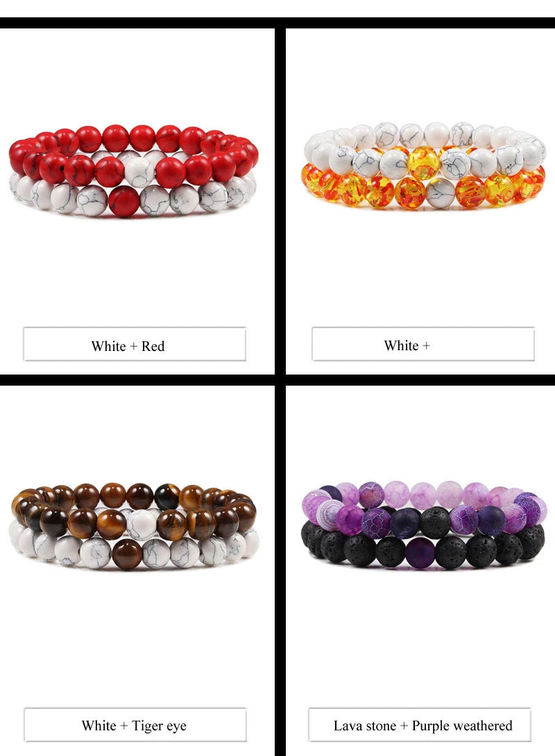 Couples' Lava Stone & Tiger Eye Beaded Bracelets - Yoga-Inspired Elastic Jewelry for Men & Women