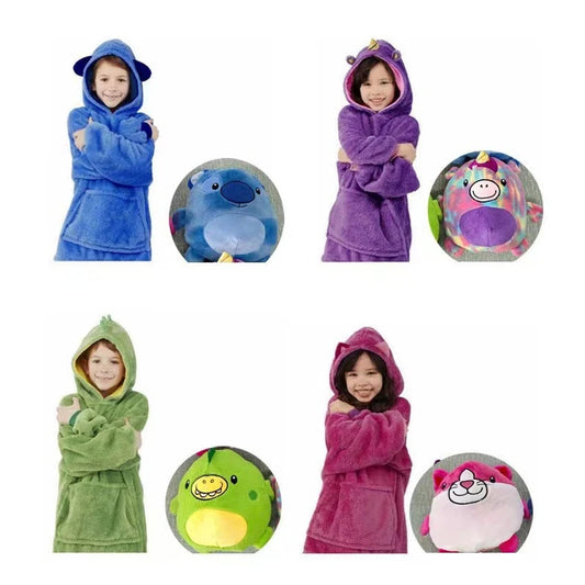 Kids' Cartoon Pet Hoodie Blanket - Cozy Wearable Pajamas & Pillow for Boys & Girls Gift