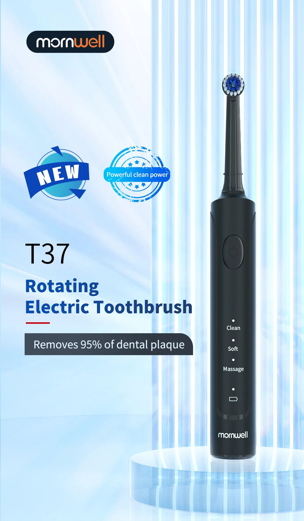 Mornwell T37 Electric Toothbrush - Ultimate Clean with 4 Extra Heads