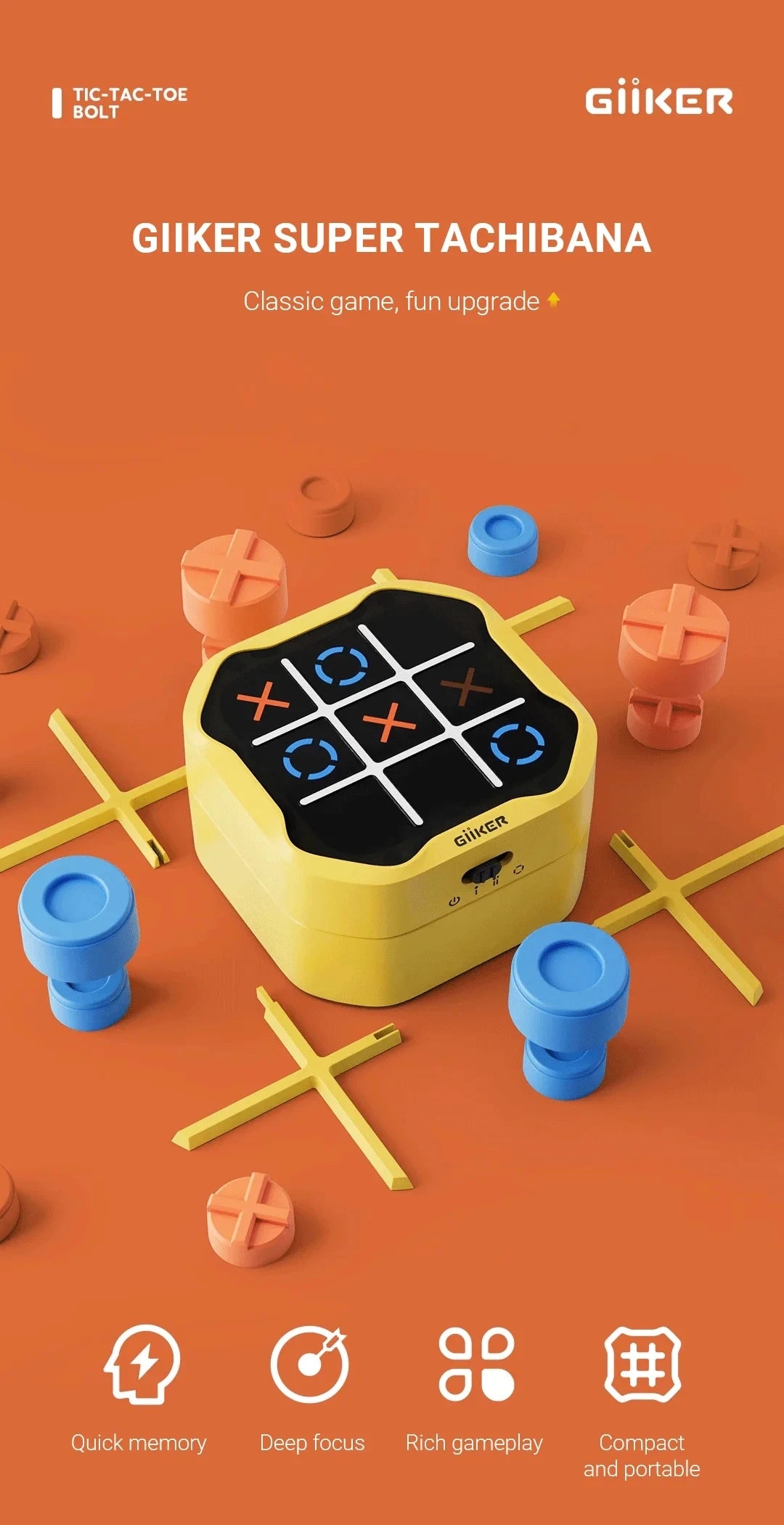 Giiker Super TIC-TAC-TOE BOLT: Portable Family Chess Puzzle Game for Kids' Gifts