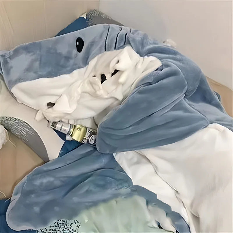 Cozy Cartoon Shark Hoodie Blanket - Fun Flannel Onesie for Kids & Adults