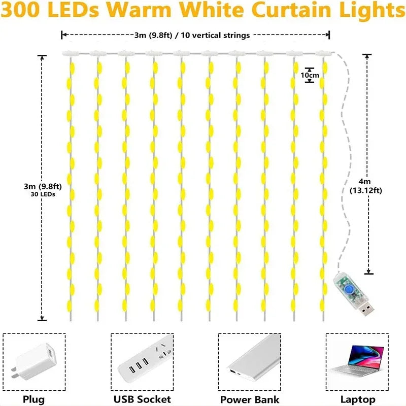 Enchanting 3M LED Curtain Lights - 8-Mode USB Fairy Garland for Home, Garden, Holidays & Weddings