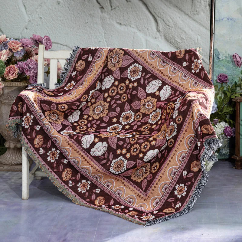 Boho Floral Picnic & Camping Blanket - Nordic Plaid, Tassels, Summer Travel Rug