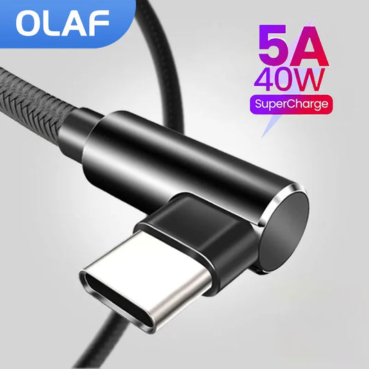 Fast Charging 5A USB-C 90° Elbow Cable for Samsung & Xiaomi Phones