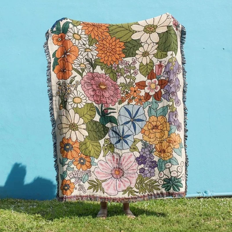 Boho Floral Picnic & Camping Blanket - Nordic Plaid, Tassels, Summer Travel Rug