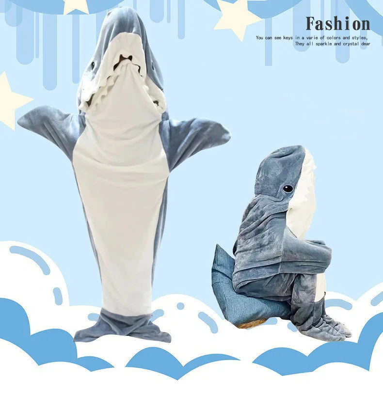 Cozy Cartoon Shark Hoodie Blanket - Fun Flannel Onesie for Kids & Adults