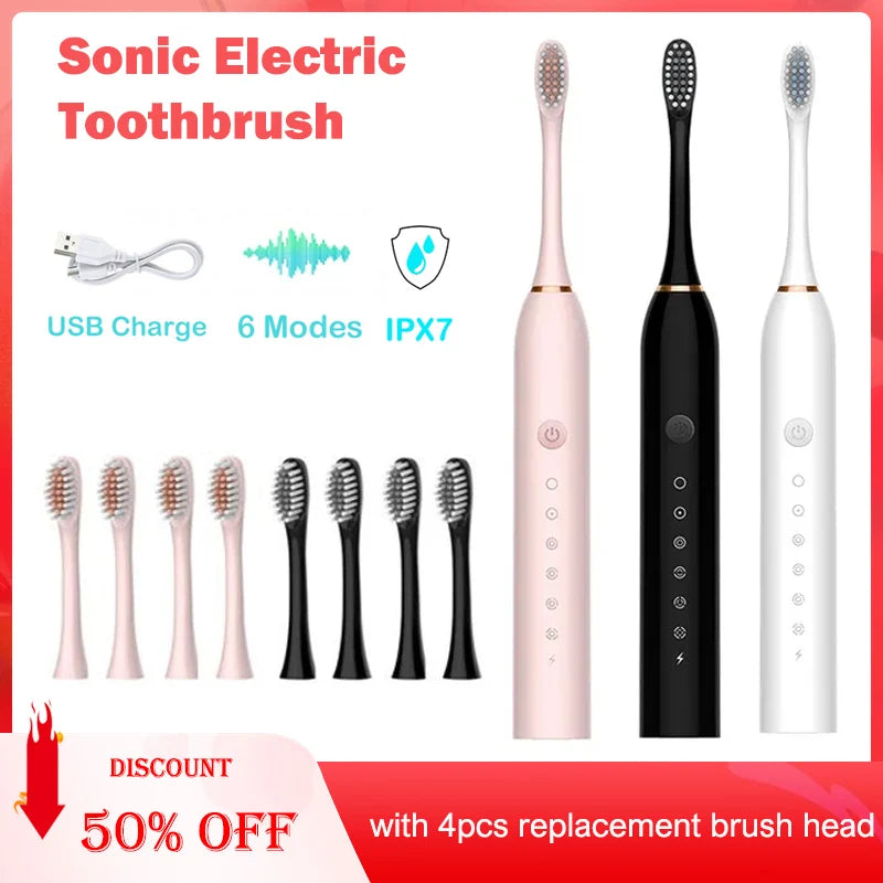 Smart Sonic Electric Toothbrush - USB Rechargeable, Whitening, with Replacement Head